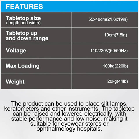 Heavy Duty Motorized Optometry Lift Table Boasting Slick Electric Height Adjustment Compatible With Slit Lamps And Auto Refractometers For Modern Eye Care Offices features table specifications.