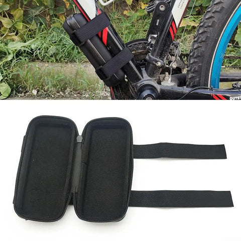 Heavy Duty E Bike Controller Bag Waterproof EVA Hard Case For Electric Motorcycle Gear, Keeps Battery And Electronics Safe From Rain Dust And Gunk. open black EVA case with straps on e-bike frame