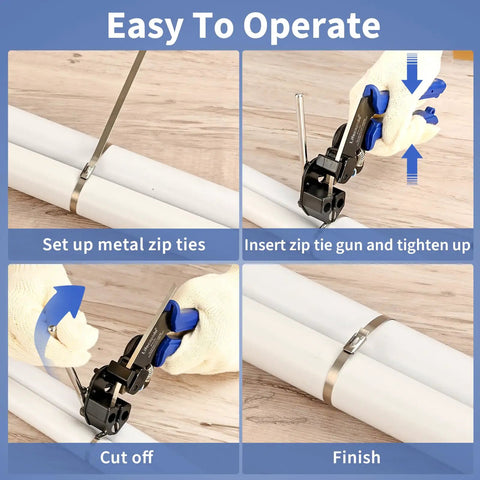 Heavy Duty Metal Zip Tie Gun Kit With Built In Cutter Stainless Steel Self Locking Zip Ties 11.8 Inch 100 Pack Includes Release Tool Zip Tie Organizer And Gloves For Quick Clean Pro Grade Cable Management usage steps