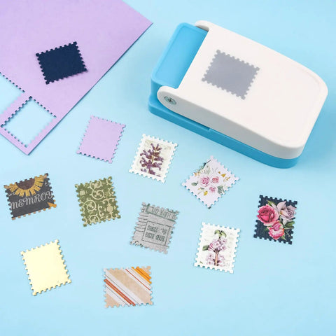 Lever Action Postage Stamp Punch 1x0.8 Inch Rectangular Stamp Shaped Paper Punch on blue background with various cut paper designs.