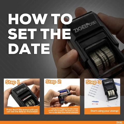 Fresh Custom Message Date Stamp With Slick Self Inking Design And Easy Refillable Red Ink Pad For Office Desks and Shipping Stations No Sweat Daily Paperwork Grind, showing date setting steps.