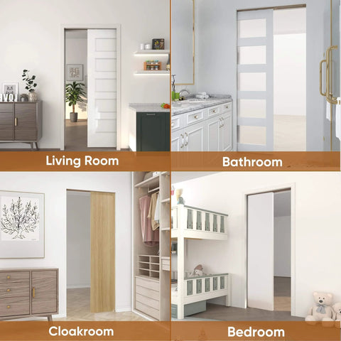No-Fuss Pocket Door Frame Kit For 2x4 Walls, 36 By 96 Inches, installed showing soft close feature in various room settings.