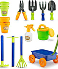 Garden Wagon And Tools Toy Set for Kids 15 Pcs with shovels, pots, water pail, spray bottle, and durable plastic gardening tools.