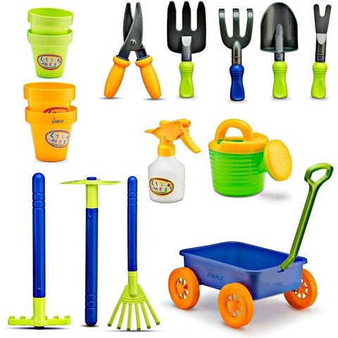 Garden Wagon And Tools Toy Set for Kids 15 Pcs with shovels, pots, water pail, spray bottle, and durable plastic gardening tools.
