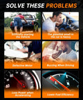 Collage showing car problems: difficulty starting, gasoline smell, defective motor, buzzing sound, power loss, low fuel efficiency.