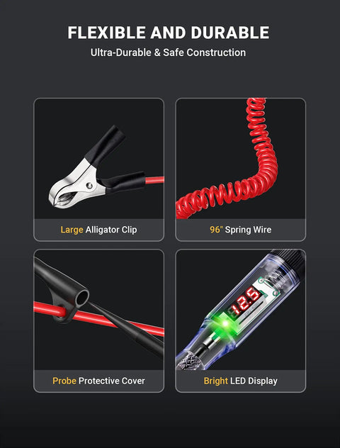 All Purpose Automotive Test Light With 5-120V LED Digital Voltage Display, Circuit Tester With Voltmeter And Dual Color Polarity Indicator, Long Probe Electrical Test Pen For Car, Truck, RV Fuse Checker, 96in spring wire and clamp