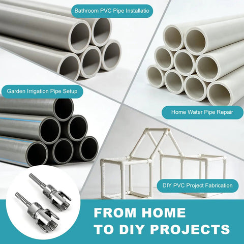 Two Piece PVC Pipe Threader Tool Set With One Half Inch And Three Quarter Inch Heads For Pipes Internal And External Threading Electric Drill Compatible Carbon Steel With Protective Coating For DIY Home Plumbing shown with PVC pipes and projects.
