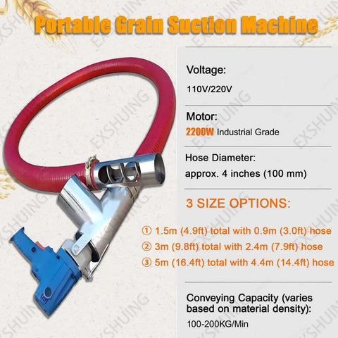 Beefy High Suction Grain Extractor With Screw Conveyor And 2200W Motor Portable Grain Auger showing sizes and specifications
