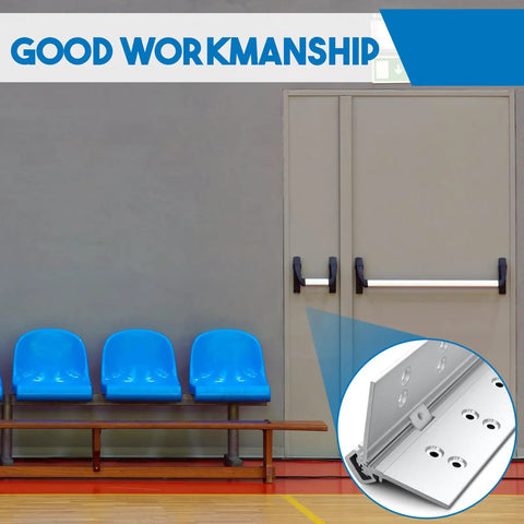 Tough As Nails 83 Inch Continuous Piano Hinge Heavy Duty Anodized Aluminum full length door hardware shown with blue seats.