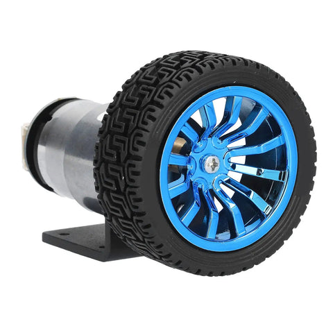 Heavy Duty DC 12V Encoder Gear Motor Set With Smooth As Butter Cw Ccw Shaft And Sturdy Mounting Bracket For Balance Robot Cars And Diy Smart Projects Featuring Rock Solid High Torque Output And No Sweat Operation, showcasing blue alloy wheel and sturdy tire.