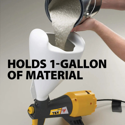 Pro Grade Electric Texture Sprayer Featuring Three Ready To Roll Swappable Nozzles For Acoustical Popcorn Knockdown Orange Peel Coatings On Ceilings Walls Fast Lock N Go Setup Makes Weekend Renovations A Breeze showing 1-gallon adjustable cup being filled.