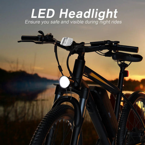 All Terrain Electric Mountain Bike For Adults With 26 Inch Wheels 350W Motor Cruising Up To 19.8 MPH LED headlight at dusk