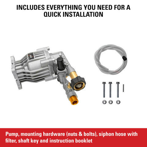 3300 PSI 2.4 GPM Replacement Pressure Washer Pump Kit With Horizontal Axial Cam For Gas Pressure Washers, Three Quarter Inch Shaft, Includes Hardware And Siphon Tube, Easy Install And Built To Last with installation components