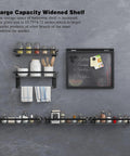 Black Glass Bathroom Shelf Wall Mounted 15.7 Inch Tempered Glass Shelving, Two Tier With Four Removable Hooks, displayed with kitchen items.
