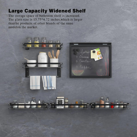Black Glass Bathroom Shelf Wall Mounted 15.7 Inch Tempered Glass Shelving, Two Tier With Four Removable Hooks, displayed with kitchen items.