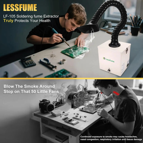 Person using LF-105 soldering fume extractor, Replacement Set for Soldering Fume Extractor LF-105 1x H13 HEPA Filter and 10x Pre Filter