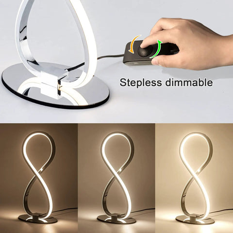 Eight Shape Spiral Led Table Lamp With Stepless Dimmable Brightness Warm White Light Modern Silver Nightstand Desk Lamp in three lighting modes