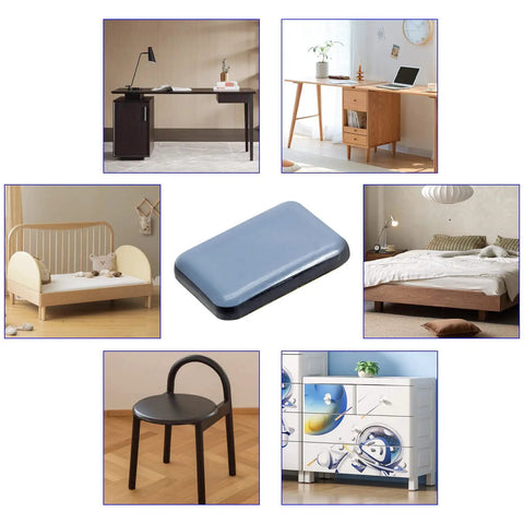 24 Piece Self-Adhesive Teflon Furniture Sliders Set That Make Moving Furniture A Breeze, Rectangle 35x25mm Glide Pads For Moving Furniture Across Floors, Grayish Blue Floor Protectors For All Floor Surfaces displayed with various furniture types.