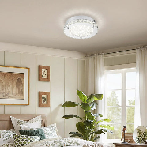 Flush Mount Crystal Ceiling Light With K9 Crystals, Modern Round LED Fixture In 4000K Daylight, 8 Inch in a cozy bedroom.