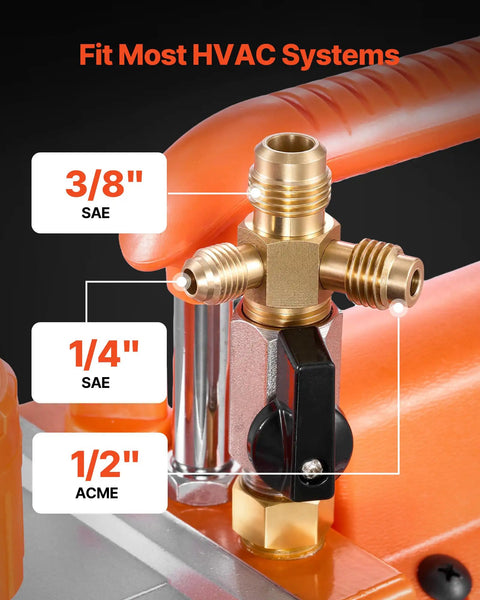 Pro Grade Heavy Duty AC Vacuum Pump And Gauge Kit With Leak Detector, Seven CFM Two Stage Rotary Vane HVAC Pump, Three Quarter HP, Compatible With R134a R22 R410a, Includes Carry Bag And Hose For Auto HVAC Air Conditioning Service, brass 3/8 SAE 1/4 SAE 1/2 ACME adapter