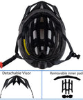Top view of adjustable bike helmet for men and women with detachable visor and removable pads shown separately
