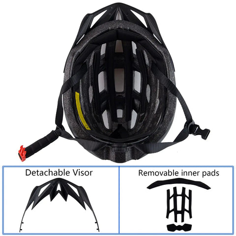 Top view of adjustable bike helmet for men and women with detachable visor and removable pads shown separately