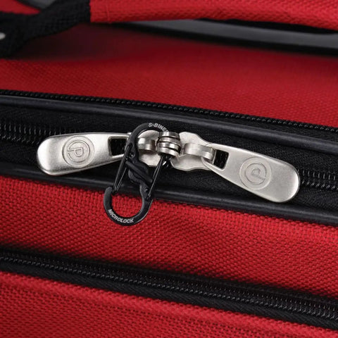 S Biner MicroLock Stainless Steel Key Holder Carabiner Clip Set Of 5 With Locking Gates securing luggage zippers on red bag