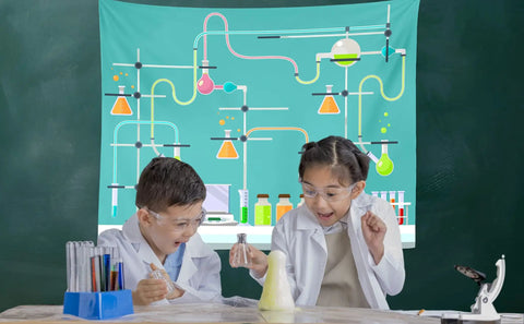 Kids in lab coats enjoying experiments in front of a 7x5ft Science Birthday Backdrop For Mad Scientist Party Decor Kid Friendly Chemistry Lab Theme Photo Booth Prop Polyester Seamless Non Reflective Photography Background Banner For School Classroom.