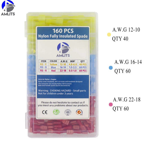 160 Piece Set Fully Insulated Nylon Spade Quick Disconnect Terminals Kit For Electrical Crimping, organized in a transparent box