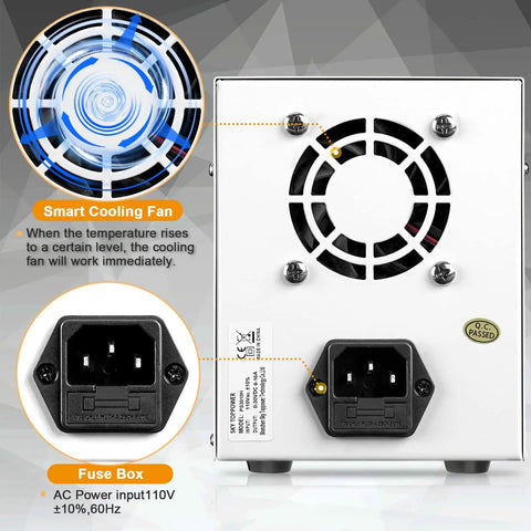 Back view of Adjustable DC Bench Power Supply 0 To 30V 0 To 10A With 4 Digit Display showing cooling fan and power input.