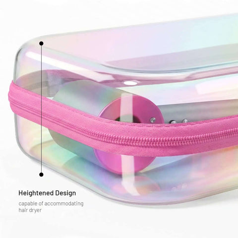 Hella Durable Clear Hard Shell Travel Organizer Cases With Smooth Zipper Closure Kickass Iridescent Coating for hair dryer storage.