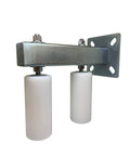 Adjustable 6 Inch White Gate Guide Rollers With Dual UHMW Nylon Bearings And Rear Post Bracket Mount For Heavy Duty Steel Sliding Gates