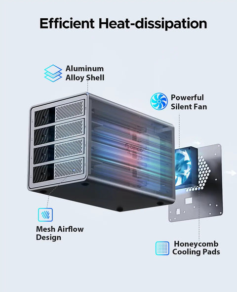 Heavy Duty Four Bay Aluminum Usb Three Zero External Hard Drive Enclosure Case With Rock Solid Rack Mount Design And Bad Ass Killer Storage Up To Eighty Eight Tera Bytes For Pro Video Editing And Massive Archives showing aluminum alloy shell and internal cooling fan.