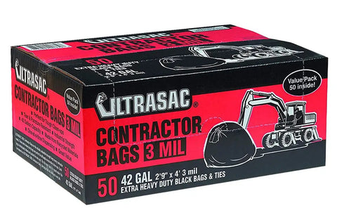 Heavy Duty Contractor Bags In A Tough 50 Pack With Rip Resistant Drawstrings At 42 Gallon Size And 3 Mil Gauge for tough cleanups.
