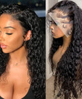 Woman wearing 180 Density HD Lace Front Wig 13x4 Glueless Brazilian Virgin Remy Human Hair Deep Wave Frontal With Pre Plucked Baby Hair For Women Natural Black Vibe