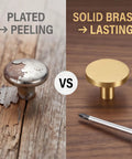 Comparison of peeling plated knob versus durable solid brass knob from Top Shelf Handymen Approved Solid Brass Cabinet Knobs.
