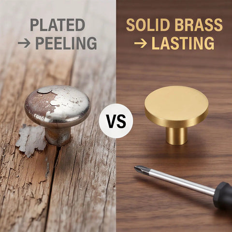 Comparison of peeling plated knob versus durable solid brass knob from Top Shelf Handymen Approved Solid Brass Cabinet Knobs.