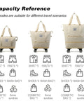 Front view of cream quilted rolling duffle bag on wheels with dual top handles