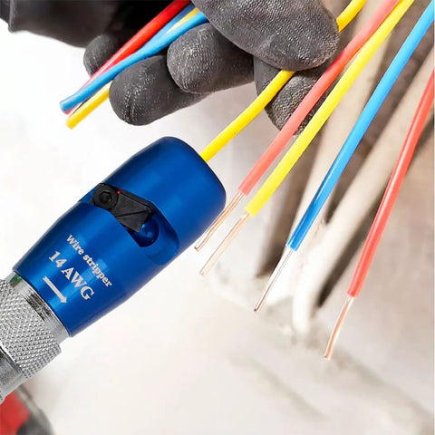 Straight Up Awg14 Wire Stripper And Twister Tool For Electric Drill Adjustable US Cable Accessory, stripping multicolored wires.
