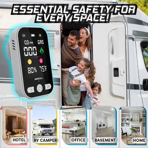4-In-1 Travel Carbon Monoxide Detector And Gas Alarm With Temperature And Humidity Sensors displayed outside an RV camper.