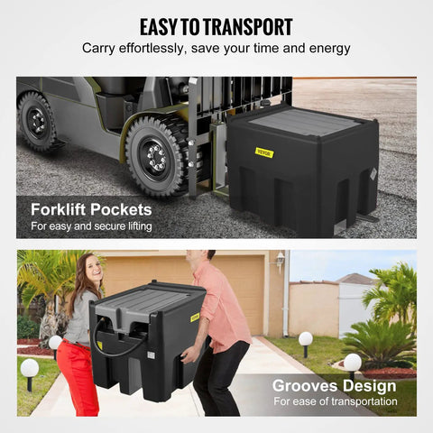 Road Ready Portable Diesel Transfer Tank 116 Gallon Capacity With 12V Electric Pump, shown with forklift pockets and grooves design