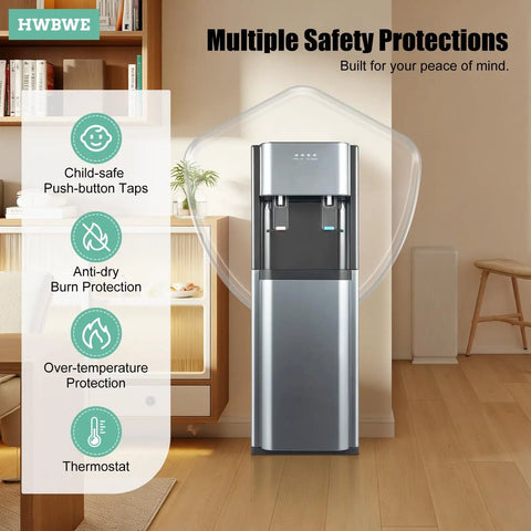 Bottom Loading Water Cooler Dispenser With No Heavy Lifting Three Temperature Settings in dark gray with safety features