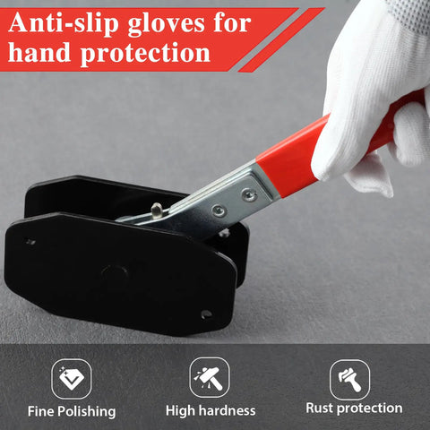 360 Degree Adjustable Brake Caliper Compression Tool With Piston Spreader, red handle, held by gloved hand