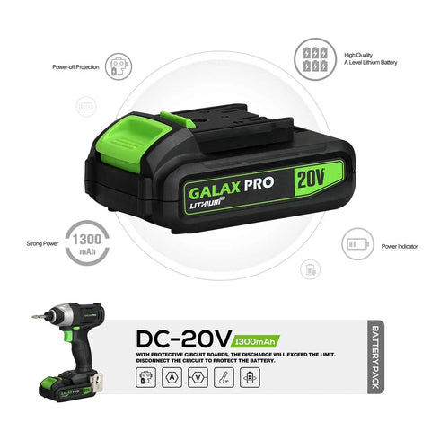20V Cordless Impact Driver With One Quarter Inch Hex Chuck LED Work Light Includes Six Bit Set Variable Speed Trigger From Zero To Two Thousand Eight Hundred RPM One Point Three Amp Hour Battery And Charger Included shown with battery pack