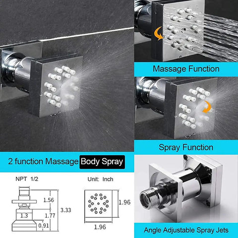 Shower Body Spray Jets 2 In 1 Brass Spa Showerhead Wall Mount Dual Function Rainfall And Mist Shower Head Nozzles Body Sprayer With Four Jets Built In Rotating Ball Chrome Finish showing massage and spray functions.