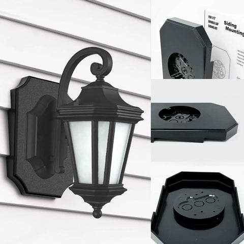 Outdoor Siding Mounting Block With Built In Electrical Box For Light Fixtures, Easy No Fuss Install, Fits Half Inch Lap Siding And Four Inch Vinyl Siding, Black, 2 Pack With NM Cable Connector, Heavy Duty Vinyl Siding Accessory mounted with wall lantern