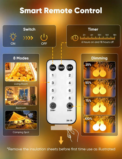 Smart remote control for Globe String Lights 33 Feet With 100 LED Bulbs Warm White Fairy Lights Plug In 8 Modes for decor