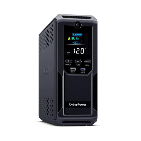 Front view of Intelligent LCD UPS Battery Backup And Surge Protector With 1500VA 900W Power 12 Outlets And 2 USB Ports AVR Boost Mini Tower UL Certified 5 Year Warranty For Home Office And Gaming Ideal For Workstations And Entertainment Systems
