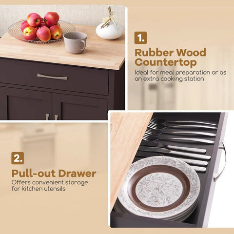 Slick Rolling Kitchen Island Cart With Dope Rubberwood Top And Quick Release Drawer Perfect Go To Coffee Bar Station With Deep Open Shelf And Convenient Towel Rack In Warm Honey Brown