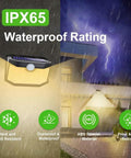Top Tier 120 Led Solar Outdoor Lights With PIR Motion Sensor And Three Smart Modes For Yard, showcasing waterproof rating IPX65.